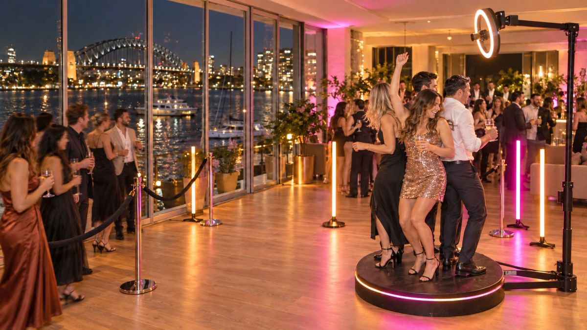 Guests on a 360 booth platform at a harbourside Sydney venue with the Harbour Bridge lit through the glass behind them