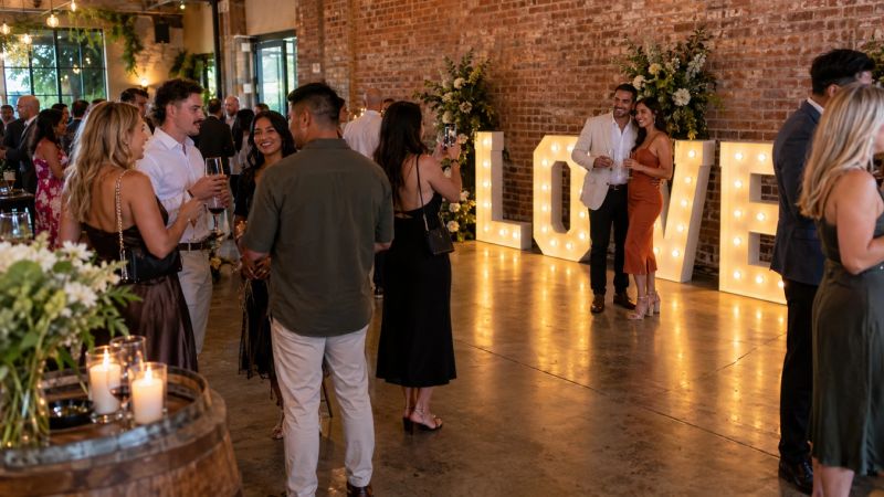 Illuminated LOVE marquee letters with guests gathered around them at a warehouse venue
