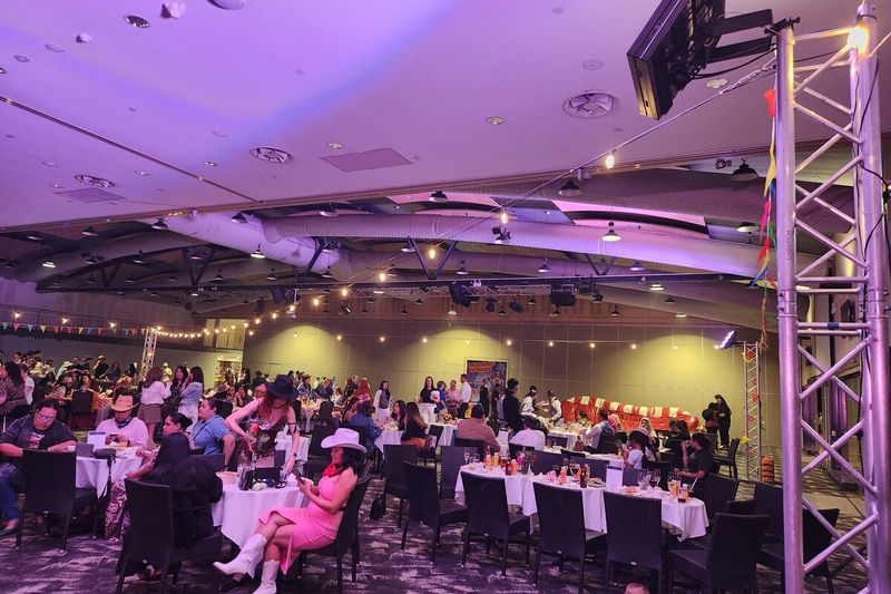 Guests seated at banquet rounds in a ballroom washed in pink uplighting