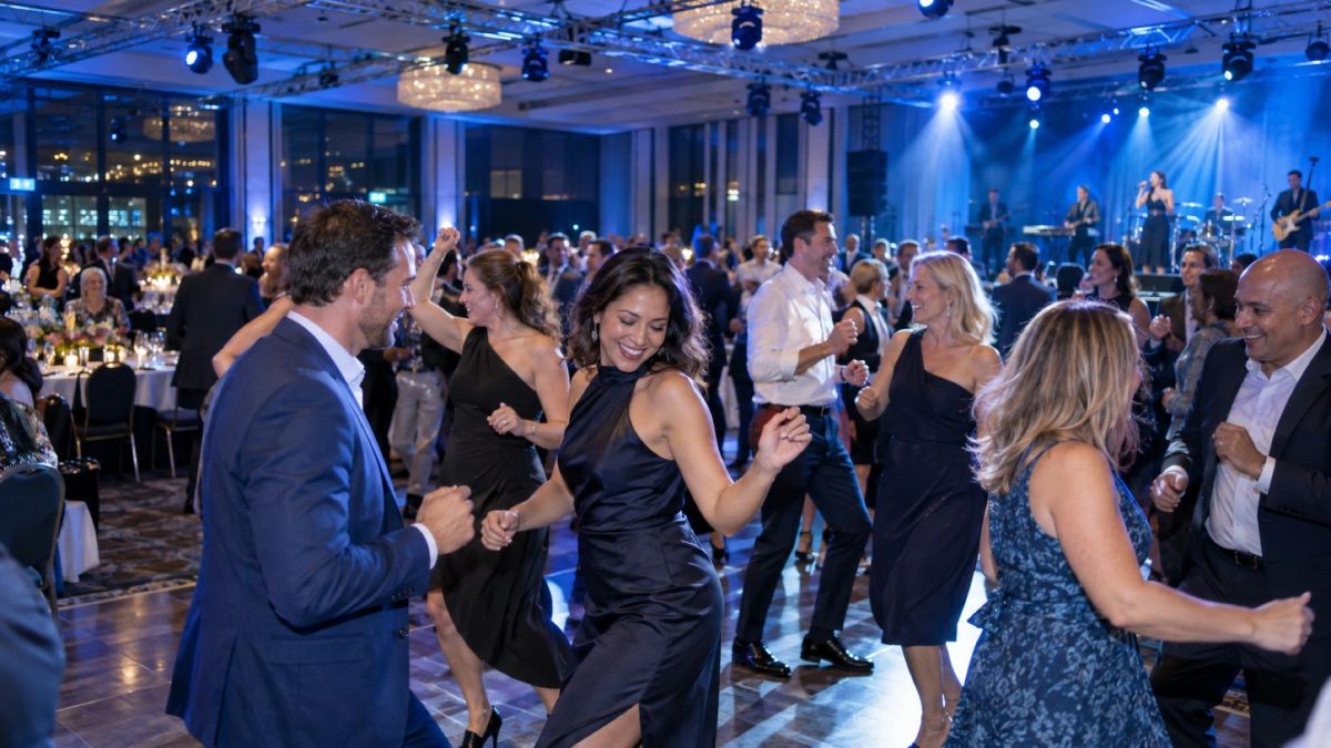 Corporate DJ in Sydney: guests in business attire dancing under blue lighting at a work function
