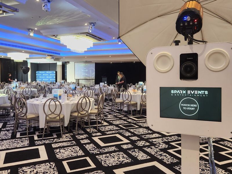 Branded Charlie Sparx photo booth in a ballroom