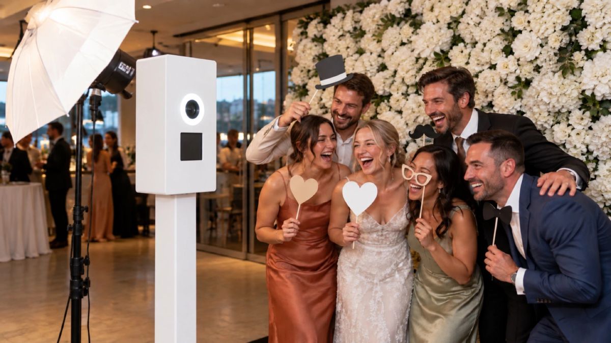 Guests holding heart props and laughing at a photo booth in front of a flower wall