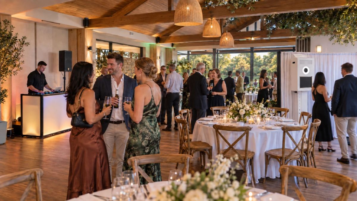 Guests arriving with drinks in a dressed function room with the DJ set up behind them