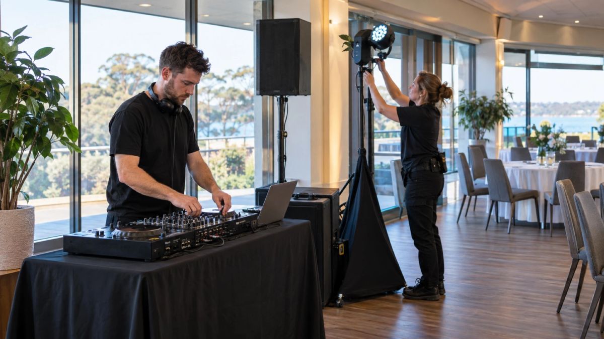 Charlie Sparx staff setting up the DJ desk and lighting in a function room before guests arrive