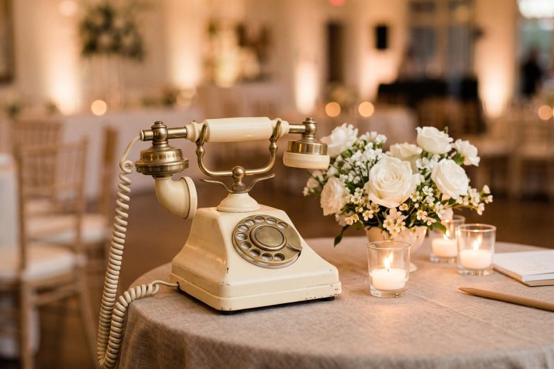 Illustration of a vintage-style cream rotary telephone on a reception table with flowers and candles, the style of phone used for an audio guest book