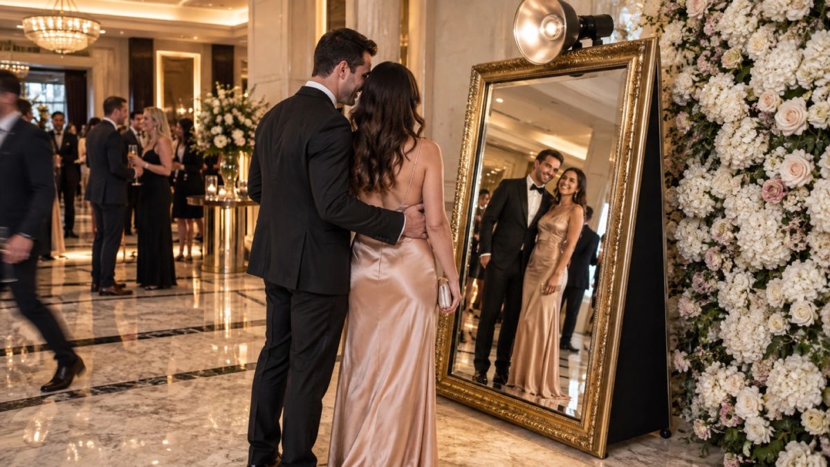 Couple posing at the gold-framed mirror booth beside a white flower wall at a Sydney event