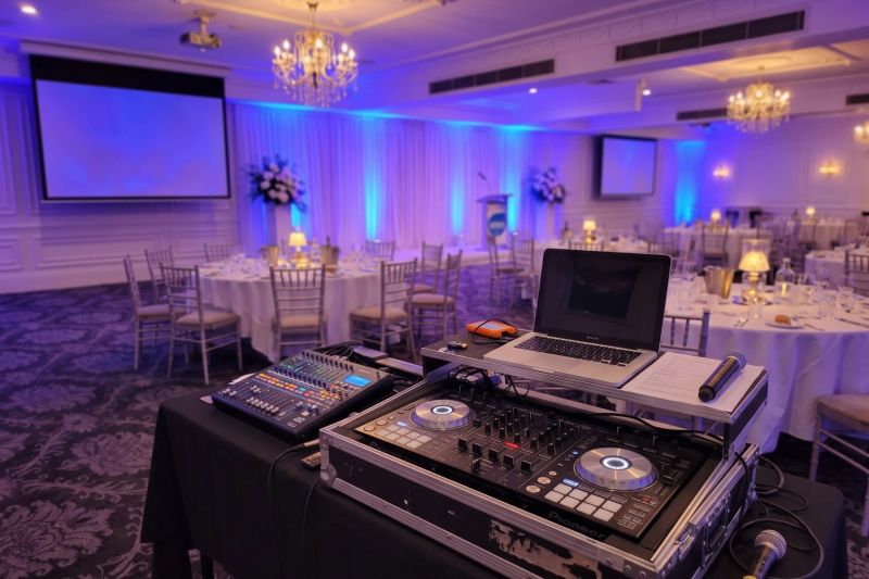 Illustration of a DJ controller and laptop set up in a corporate gala room with banquet tables, presentation screens and blue uplighting