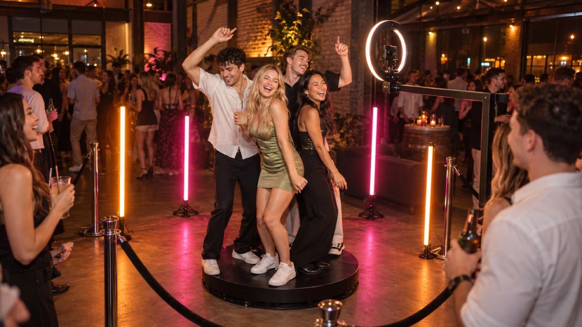 360 photo booth in Sydney: guests on the platform with the camera arm and ring light beside them at a warehouse party