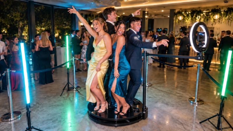 Guests dancing on a 360 booth platform at a formal, lit by green LED poles and a ring light