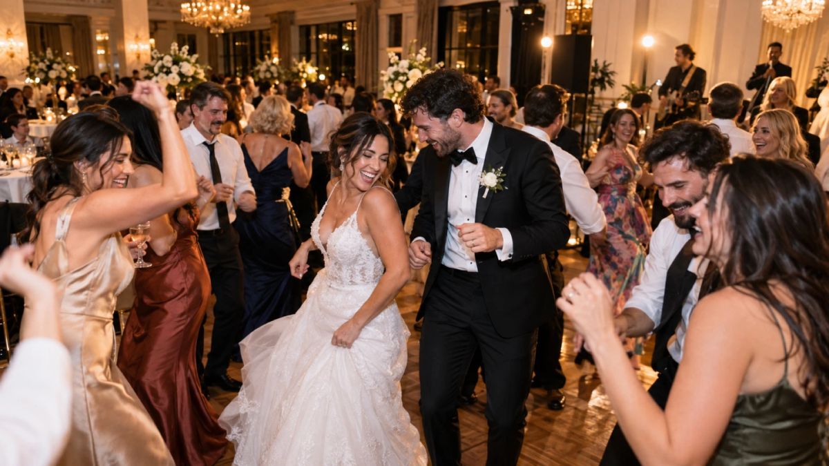 Wedding DJ reception in Sydney: bride and groom dancing surrounded by their guests