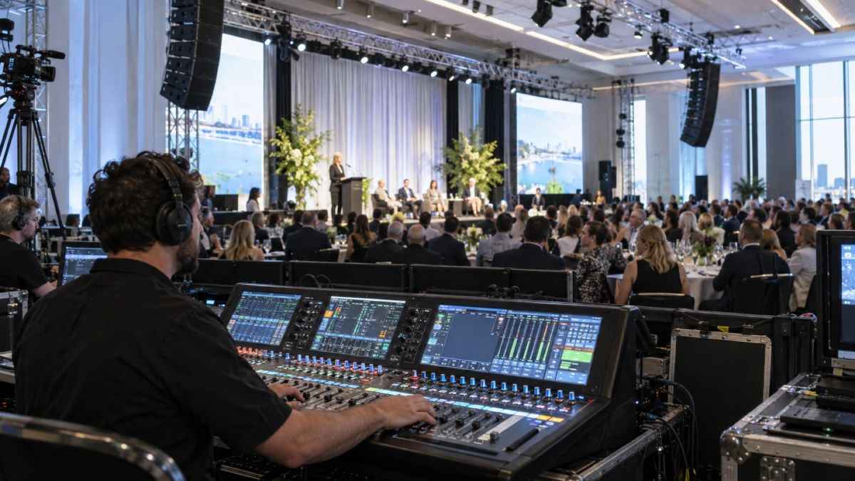 Audio visual hire in Sydney: production desk and mixing console at the back of a corporate function, the stage lit beyond