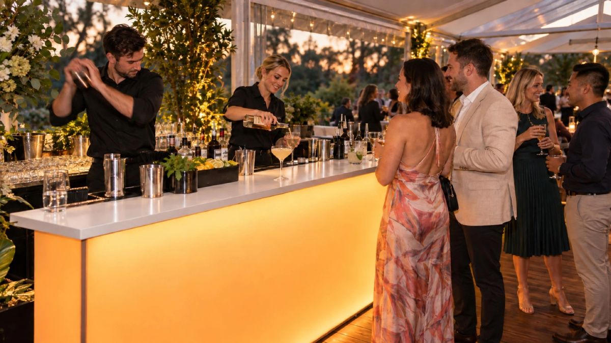 Bartender hire in Sydney: a bartender making a drink at the illuminated bar while guests wait at a garden function